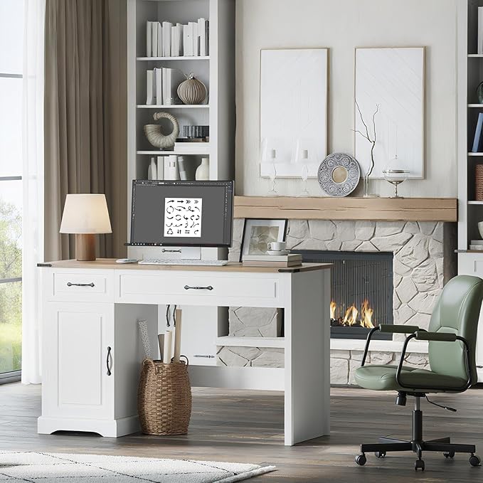 CuisinSmart 47 Farmhouse Executive Desk with Drawers Wooden Home Office Desks with Storage Cabinet Rustic Computer Desk for Working Studying Writing White
