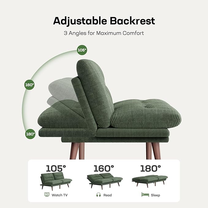 Marsail Futon Sofa Bed 75” Futon Couch with Adjustable Backrest &amp Armrests Convertible Small Sleeper Sofa Bed for Small Apartments Study Room Office Corduroy Loveseat Green