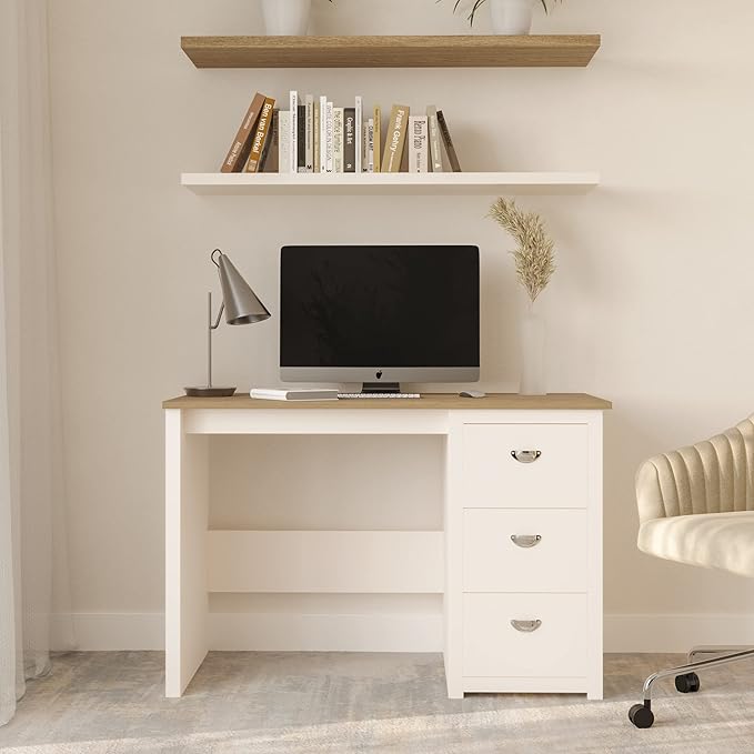 Computer Desk - Traditional Desk with Attached 3-Drawer File Cabinet - for Home Office Bedroom Computer or Craft Table by Lavish Home (White)
