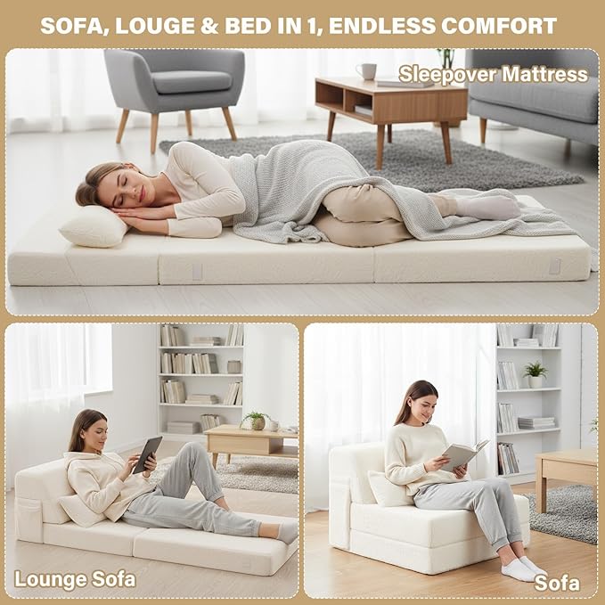 Tiita Convertible Folding Sofa Bed Single Size for Adults with Pillow Plush Fabric Floor Mattress Couch Bed Washable Cover &amp Side Pocket Guest Room Dorm Apartment Living Room Beige