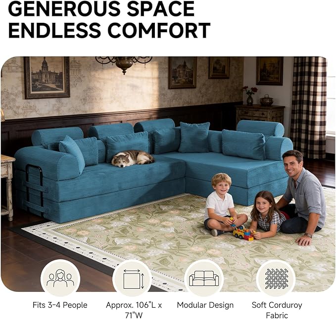 106” Cloud Sectional Couch L-Shaped Sofa with Right Facing Chaise Corduroy Boneless Couches Compressed Modular Sectional Sofa with Deep Seat High Backrest Headrest (Azure)