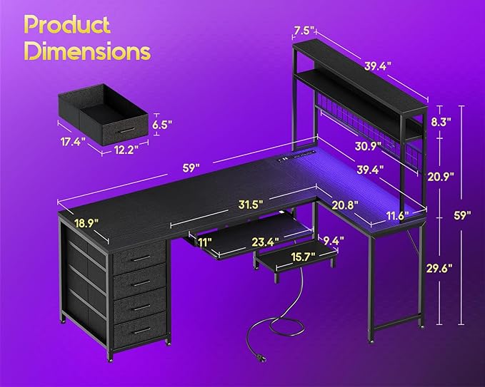 AODK 59 Inch L Shaped Desk with 4 Drawers Gaming Desk with Led Lights &amp Power Outlets Computer Desk with Pegboard &amp Keyboard Tray Reverisble Home Office Desk with Storage Shelves &amp CPU