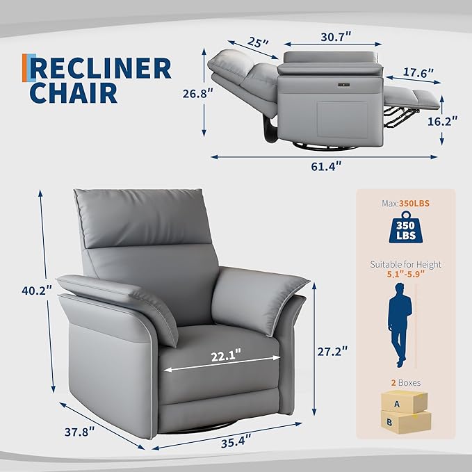 GarveeHome Power Recliner Chair with Side Pockets 270° Swivel &amp Glider USB Charging Port PU Leather Thickened Dual-Layer Armrests Modern Recliner for Living Room Bedroom (Silver)