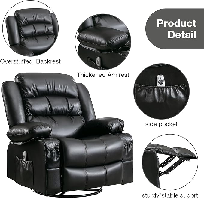 Electric Recliner Chairs for Adults Massage Recliner Chair with Heat 360 Swivel Recliners Chair for Living Room with 2 Cup Holders &amp USB Charge Port Rocking Function and Side Pocket (Black)