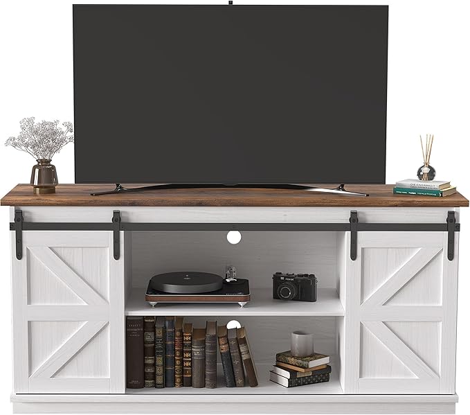 JUMMICO TV Stand for 65 Inch TV Entertainment Center with Storage Cabinets and Sliding Barn Doors Mid Century Modern Media TV Console Table for Living Room Bedroom (Bright White)