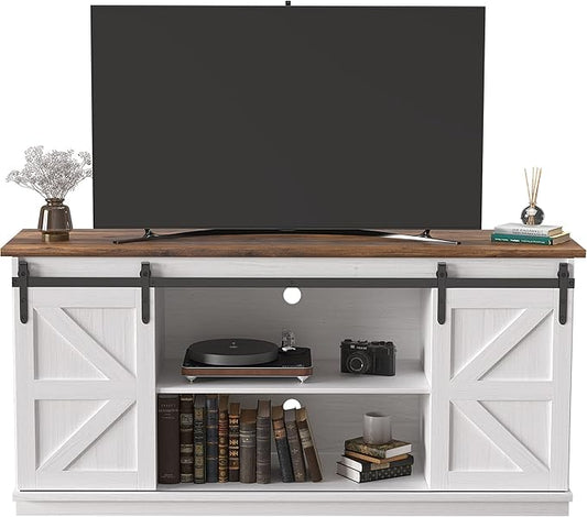 JUMMICO TV Stand for 65 Inch TV Entertainment Center with Storage Cabinets and Sliding Barn Doors Mid Century Modern Media TV Console Table for Living Room Bedroom (Bright White)