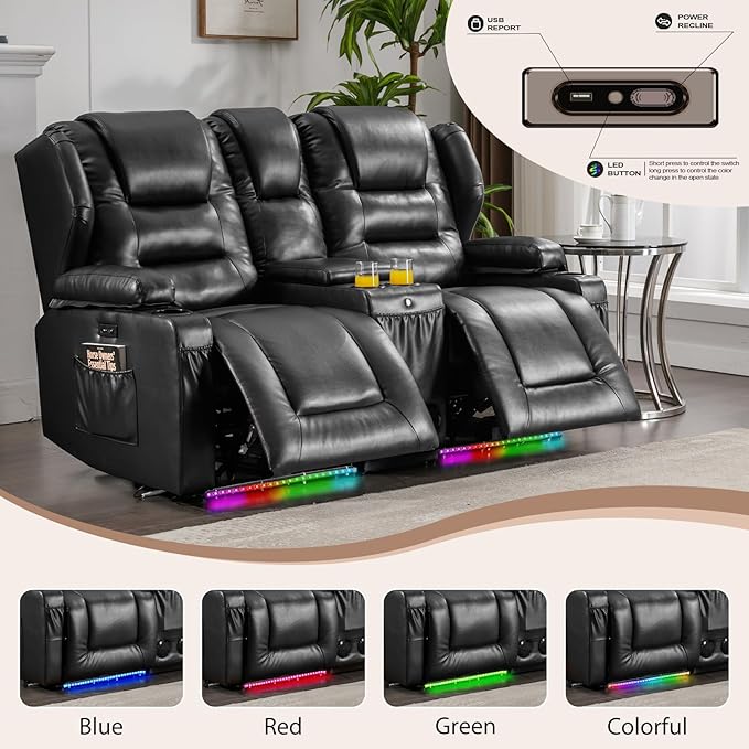 Loveseat Power Recliner Sofa Couch Electric Reclining Sofa Chair for Living Room with Multi-Function Console/Cup Holders/LED Ambient Light