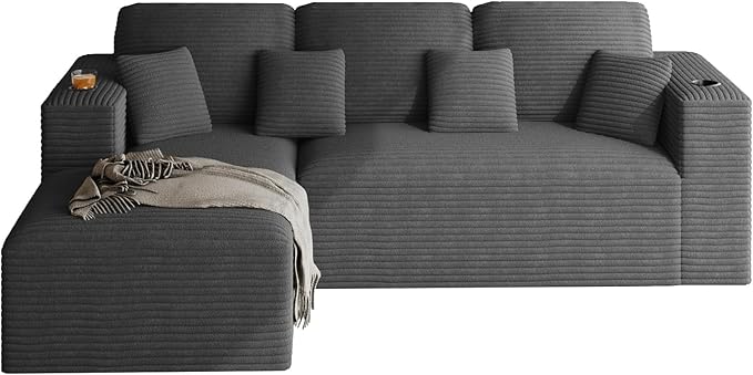 110 Modular Sectional Sofa Cloud Couch Modern Deep Seat Fluffy Corduroy Boneless Couch with Cup Holder Comfy L Shaped Sectional Couches for Living Room Bedroom. (Left Facing Dark Grey)