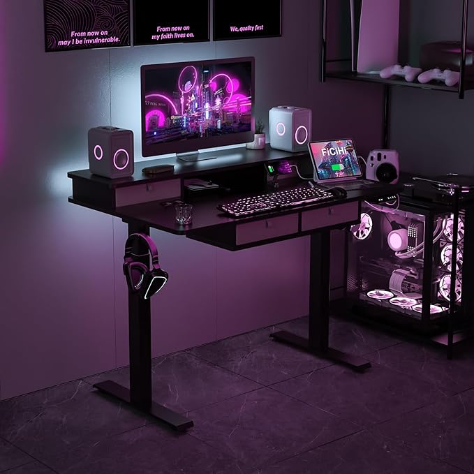 FiCiHi Adjustable Height Standing Desk with 4 Drawers48 x 30 inches Electric Sit Stand Home Office Desk with Two Tiers 3 Memory Presets Monitor Stand Riser USB A/C Charging Port