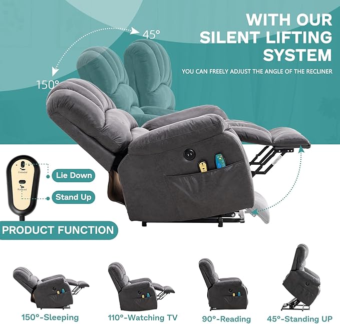 MEETWARM Large Power Lift Electric Recliner Chair with Massage and Heat Overstuffed Wide Recliner with 2 Remote Controls for Elderly Big People Heavy Duty Recliners USB Ports Side Pockets(Gray)