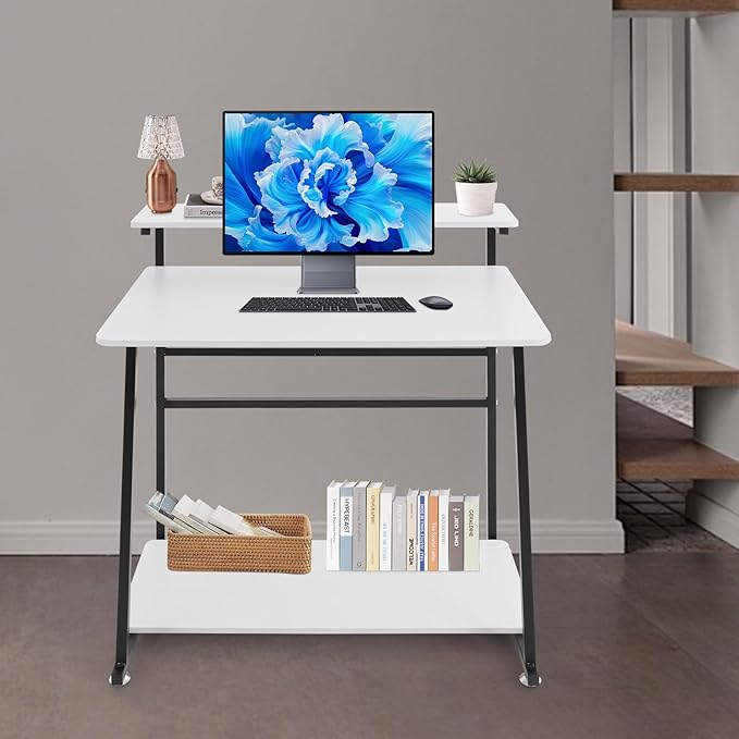 Home Office Desk3 Tier Rolling Computer Desk36inch Modern Home Desk Computer Desk Writing Table with Under Desk Storage Shelves for Home Office Study Bedroom (Black+White)