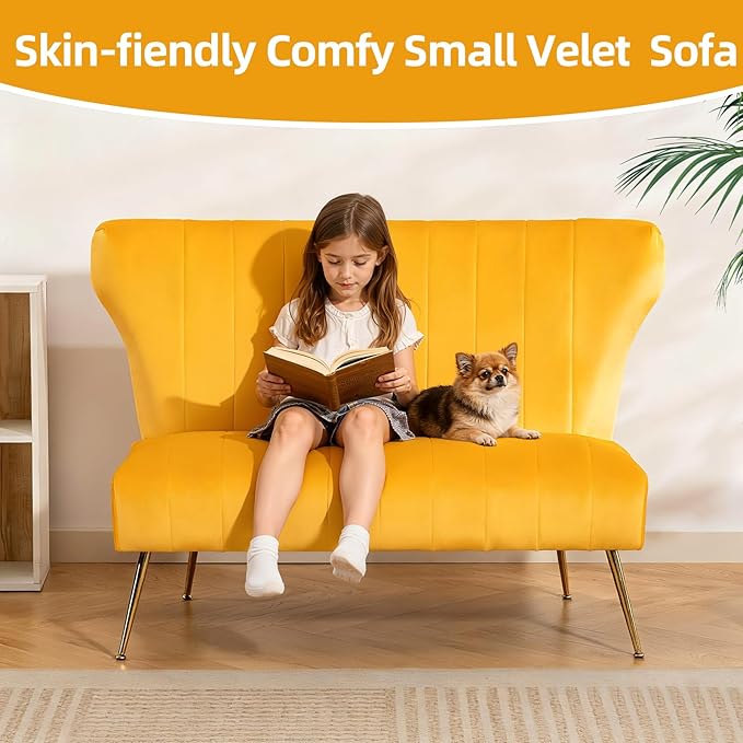 50’’ Armless Loveseat Sofa Comfy Upholstered Velet Small Couch Sofa with Gold Legs 2 Seater Tufted Modern Couch for Living Room Bedroom Apartment Small Space (Yellow)