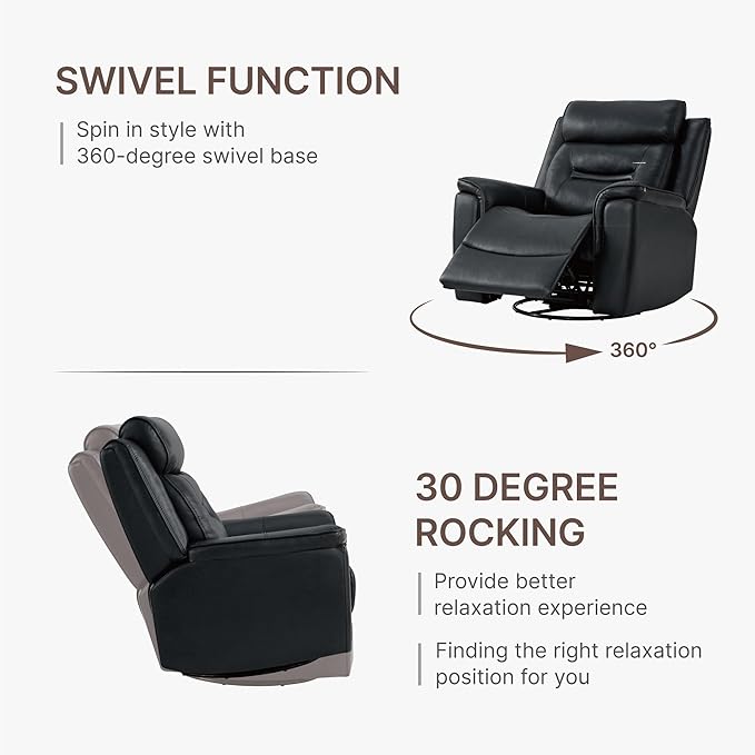 Leather Recliner Chair 360° Swivel Rocker for Adults Manual Rocking Reclining Chair with Adjustable Backrest Footrest for Living Room Bedroom Home Theater Seating