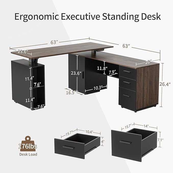 FEZIBO L Shaped Standing Desk 63 inch Executive Standing Desk Adjustable Height Desk with Storage Drawers for Home Office Deep Wood Grainy