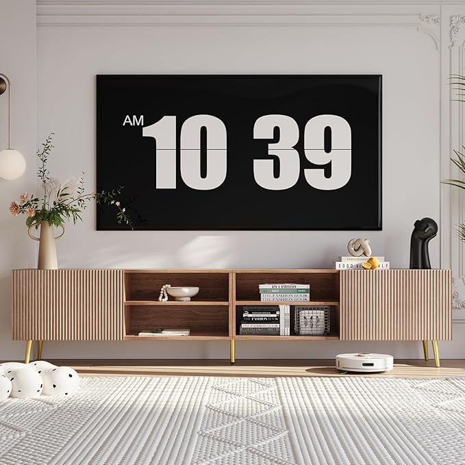 Modern 86in TV Stand for Living Room Fluted Design Entertainment Center with Adjustable ShelvesMedia TV Console Table with Storage for BedroomWalnut