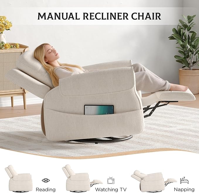 Maupvit Faux Shearling Recliner Chair - 360° Swivel Rocker with Adjustable Footrest and Backrest Plush Upholstered Single Sofa for Small Spaces for Living Room/Nursery/Home Theater (Cream White)