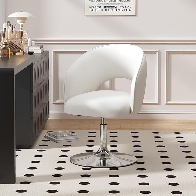 Furniliving Vanity Chair with Arm PU Leather Chair for Vanity Swivel Accent Chair Adjustable Height Makeup Chair with Chrome Base Living Room Chair for Bedroom Makeup Room Study Room IvoryWhite