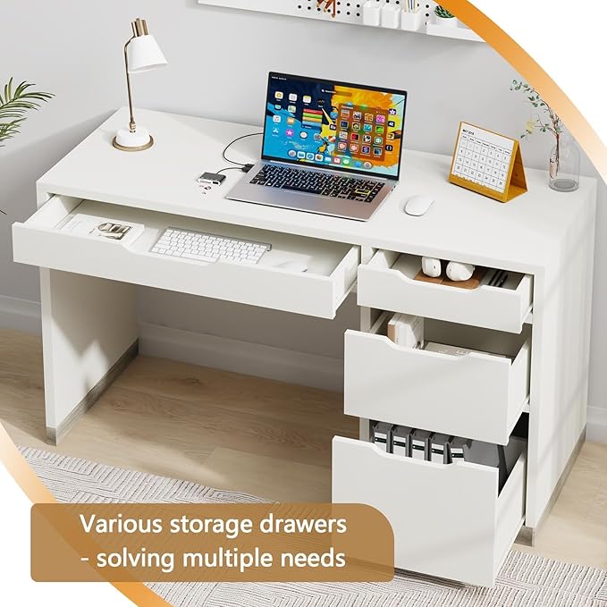 52 Inch White Desk with 4 Drawers Computer Desk with Storage for Small Spaces with Storage File Drawer Small Home Office Desk with Drawers for Bedroom
