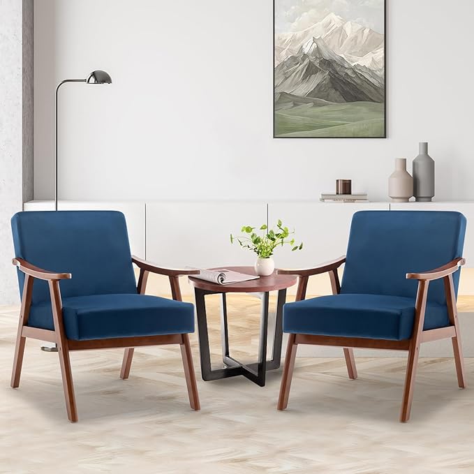 Fefances Mid-Century Modern Accent Chair - Solid Wood Frame Ultra-Thick Backrest Wingback Design Perfect for Bedroom &amp Indoor Lounge AreaBlue