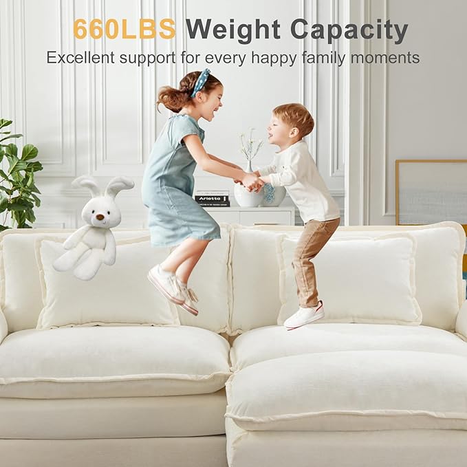 Modular Sectional Sofa 86 L Shaped Couch Set with Movable Ottoman Chenille Comfy Cloud Couch Sectional Set Extra Deep Seat Sofa with 2 Pillows for Living Room (White 2-Seat &amp 1-Ottoman)