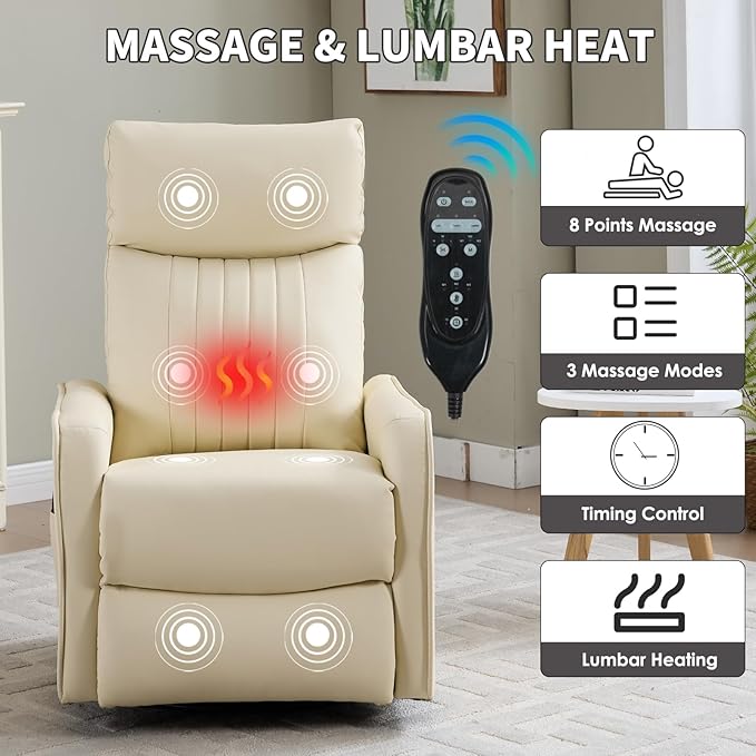 Swivel Rocker Recliner Chair 360° Swivel Recliner with Heat and Massage Rocker Recliner Upholstered Fabric Nursery Glider Recliner Chair with Side Pockets for Living Room PU Light Yellow