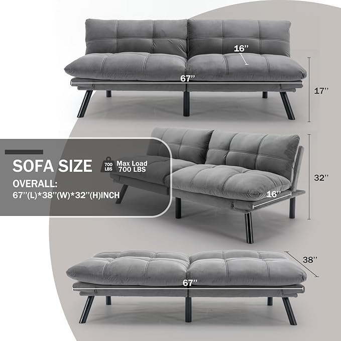 Convertible Futon Double Sofa Bed2 in 1 with Adjustable Backrest Memory Foam Loveseat for Living Room Bedroom Office Apartment Compact Sofa(Grey)