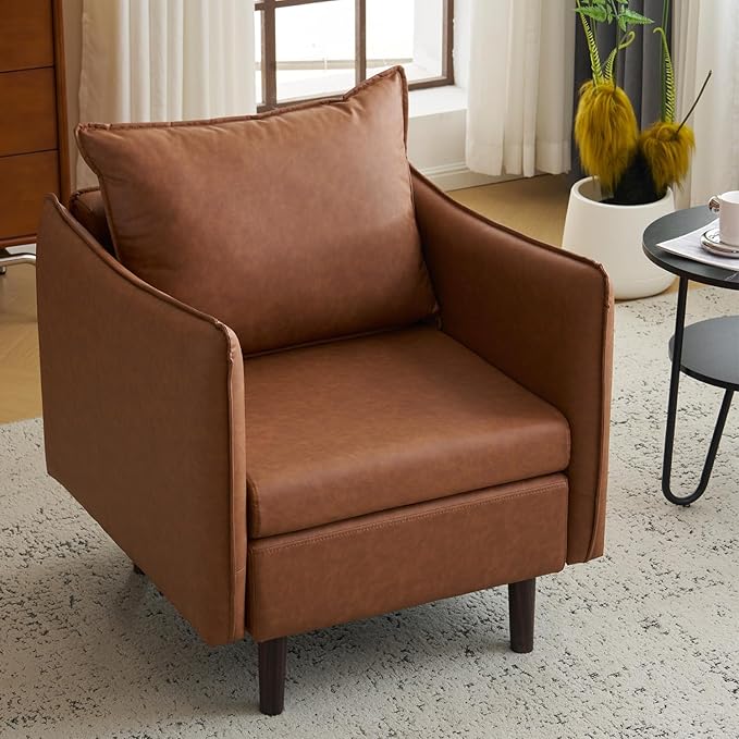 MOJAY PU Leather Accent Chairs Mid-Century Modern Upholstered Armchair Club Sofa Chair with Sturdy Legs for Living Room Bedroom Reception (Brown)