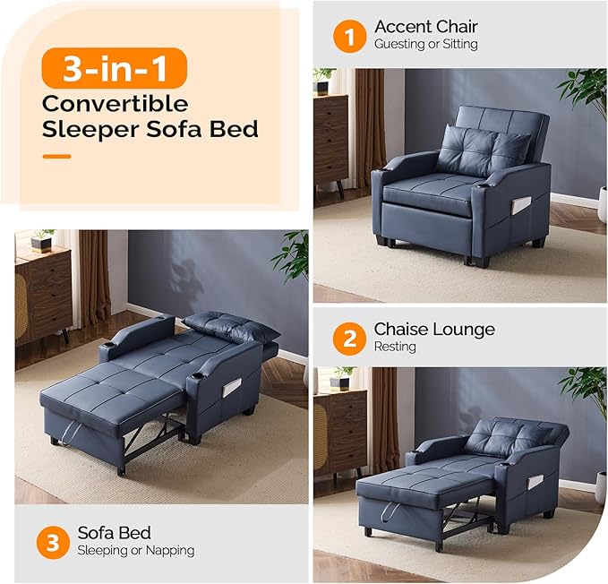 VINGLI Blue Sleeper Chair Bed 3-in-1 Convertible Futon Sofa Bed Pull Out Couch Bed Adjustable Recliner Chair with USB Ports Cup Holders Side Pockets for Living Room Bedroom Small Spaces