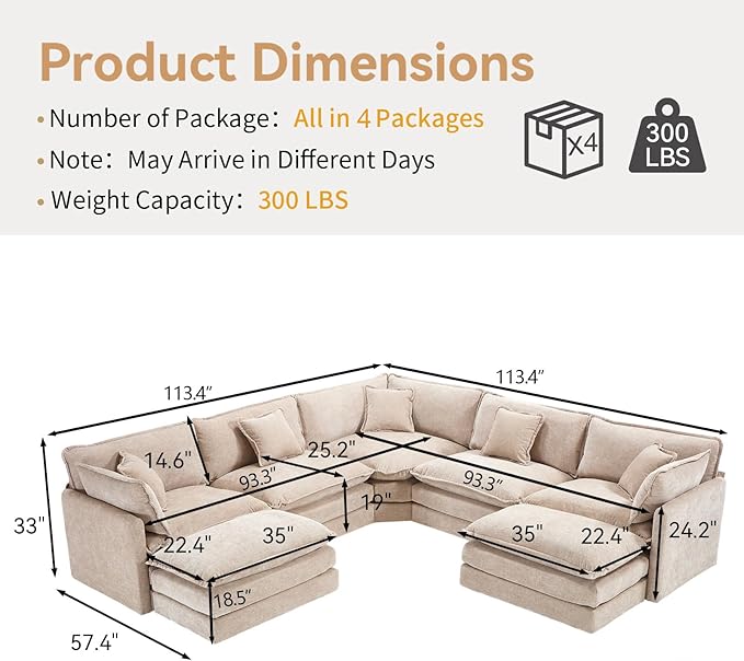 Oversized Modular Sectional Sofa Couch Large U Shaped Corner Couch with Ottoman Chenille Cloud Couches for Living Room Convertible 7 Seater Sectional Sofa for Office Spacious Space Camel
