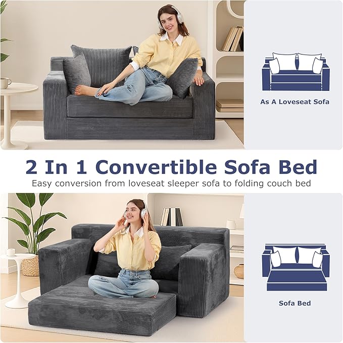 Convertible Sofa Bed Boneless Couch Loveseat Sleeper 2 in 1 Folding Couch Bed Fold Out Comfy Floor Futon Sofa with Pillows for Living Room Bedroom Grey
