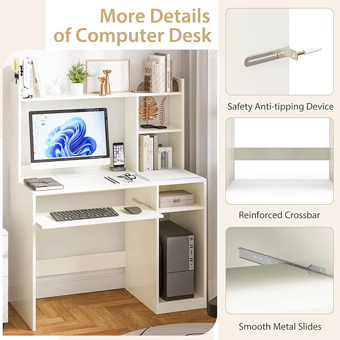 Home Office Desk w/Hutch Gaming Table Workstation w/Keyboard Tray CPU Stand &amp Bookshelf Modern &amp Space-Saving Writing Desk for Dorm Bedroom White