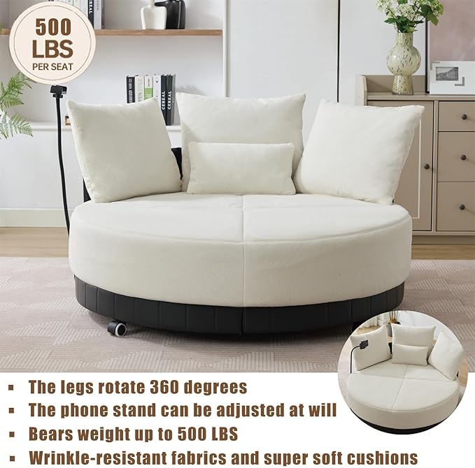 Polibi 52.75 Round Swivel Barrel Chair with Phone Holder and 360°Rotating Pulley Polyester Upholstered Chaise Lounge Oversize Single Sofa Chair for Living Room Bedroom Beige