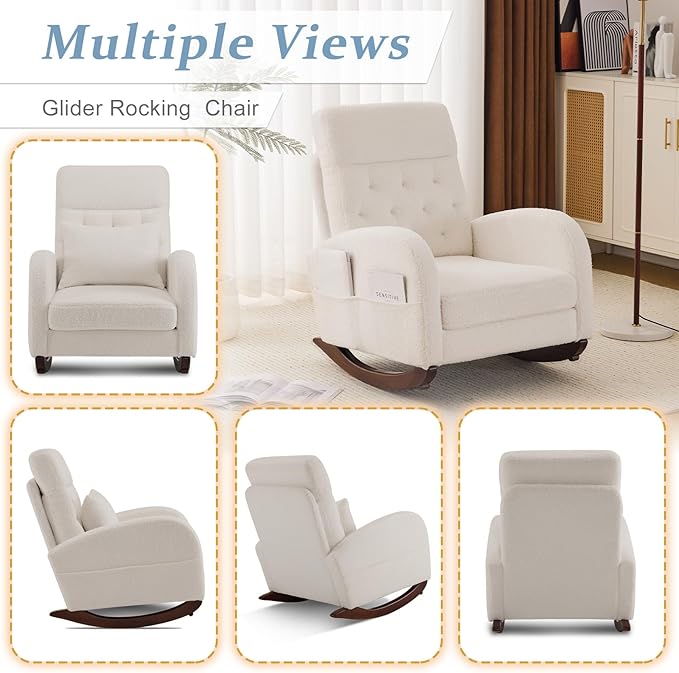 VINGLI Teddy Fleece Low Seat Rocking ChairBoucle Upholstered Nursery Glider Chair with Side PocketsAccent Arm Chair with High BackrestComfy Head RestSolid Woodfor Living Room BedroomBeige