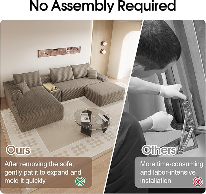 ‌123.6 Modern Cloud Boneless Corduroy Sectional Couch with U-Shape Chaise Ottoman and Side Table No Assembly Required Deep Seat Upholstered Modular Sofa for Living Room (Camel Left Facing)