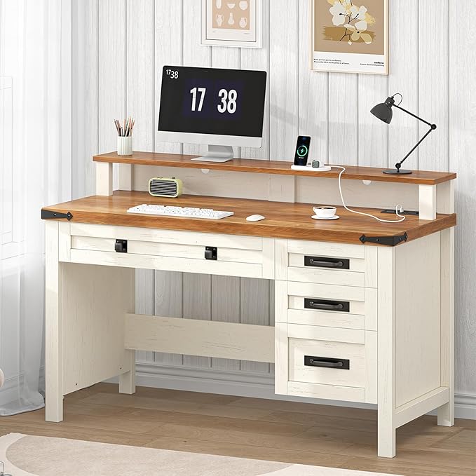 Farmhouse Executive Desk with Drawers 47 Computer Desk with Power Outlets Home Office Desk with Monitor Stand &amp 4 Drawers Small Desk Writing Study Table Antique White