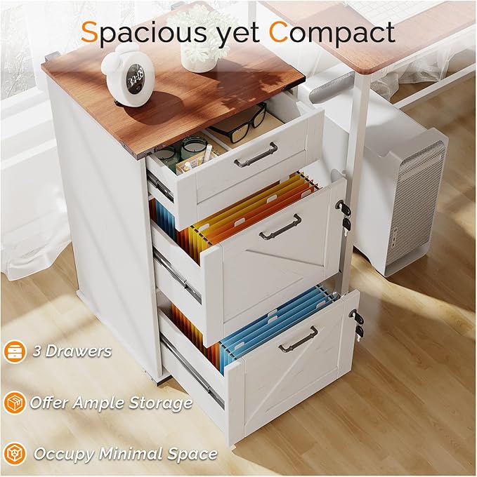 VINGLI 3 Drawer File Cabinet with Lock Home Office Filing Organizer for Letter Size File Folder Storage Modern Farmhouse Style Wood Vertical Filing Cabinet Archivador (Rustic White &amp Brown)
