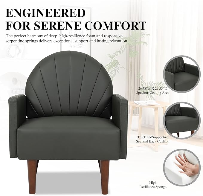 Mid-Century Accent Chair Faux Leather Armchair - Shell-Shaped Back Waterproof PU Leather Modern Retro Lounge Chair for Living Room Office Bedroom &amp Waiting Room
