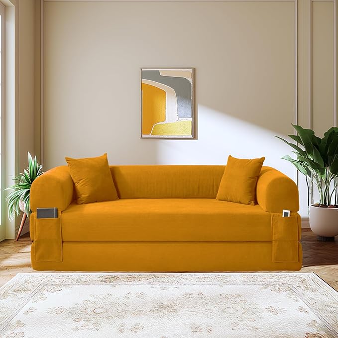 80 Convertible Sofa BedCorduroy Folding Sleeper Sofa Bed Queen with Pillows &amp StorageModular Pull Out Couches Boneless Couch for Living RoomCompressed Couch in a BoxYellow
