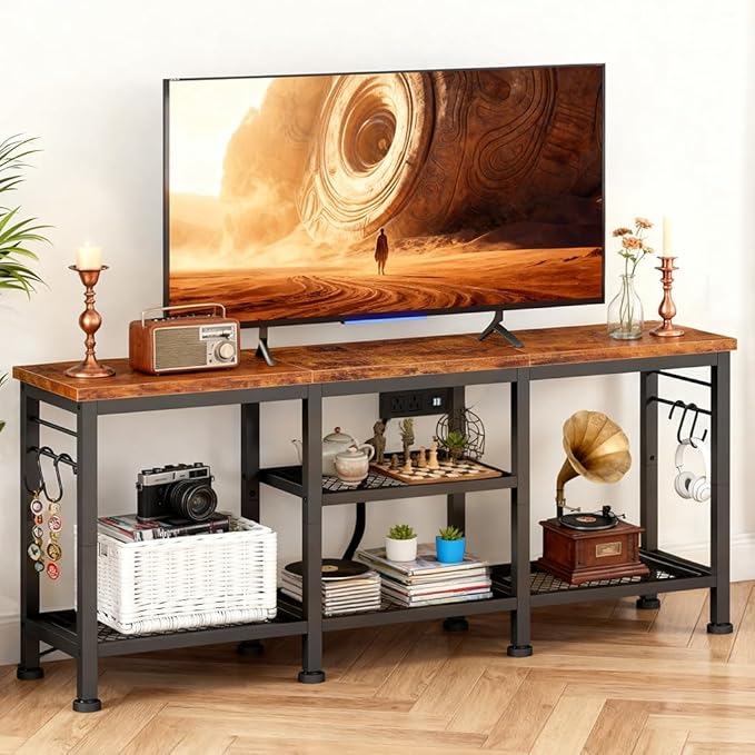 LUCKLIFE TV Stand with Charging Station for TVs up to 55 InchRustic Wood Entertainment Center with 3-Tier Storage ShelvesModern TV Media Console Table with 4 Hooks for Living RoomBedroom(Brown)