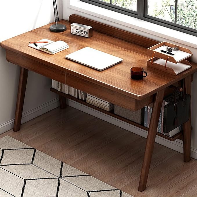 Writing Desk Home Office Workstation Computer Desk Mid-Century Modern Walnut Desk with 2 Drawers and Storage Shelves(47 Inch Walnut)