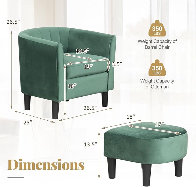 GOFLAME Accent Chair with Ottoman Modern Velvet Fabric Barrel Chair with Footrest Curved Backrest Removable Seat Cushion Upholstered Club Tub Sofa Reading Armchair for Living Room Bedroom Green