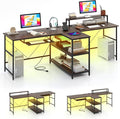 Tangkula 2-Person Reversible Computer Desk with LED Lights 94.5” Long Office Desk with Power Outlets Monitor Stand Keyboard Tray &amp 2 Storage Shelves Double Desk for Gaming Working Writing (Wal