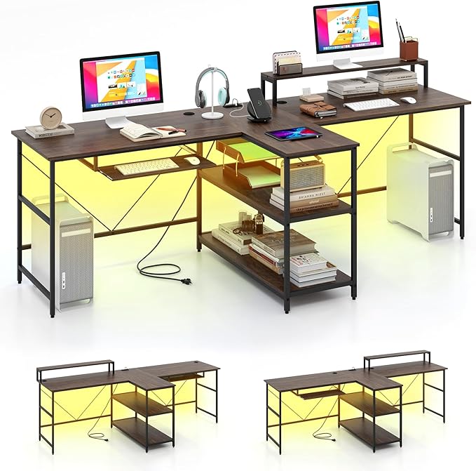 Tangkula 2-Person Reversible Computer Desk with LED Lights 94.5” Long Office Desk with Power Outlets Monitor Stand Keyboard Tray &amp 2 Storage Shelves Double Desk for Gaming Working Writing (Wal