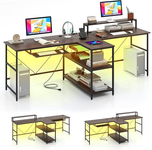 Tangkula 2-Person Reversible Computer Desk with LED Lights 94.5” Long Office Desk with Power Outlets Monitor Stand Keyboard Tray &amp 2 Storage Shelves Double Desk for Gaming Working Writing (Wal