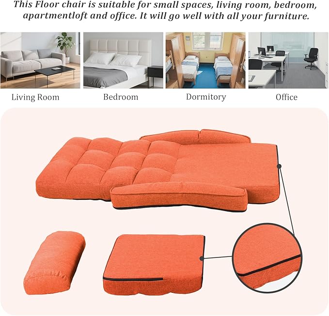 Adjustable Floor Chair for Adults with Back Suppor5-Position Folding Lazy Sofa with Pillow Gaming &amp Meditation Chair with Breathable Fabric - for Living Room Bedroom OfficeBalcony (Orange)
