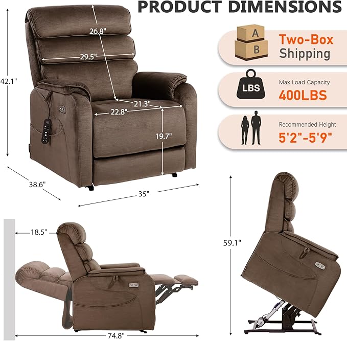 EONIX Dual Motor Lay Flat Power Lift Recliner Chair for Elderly Chenille Fabric Electric Lift Chairs for Adults 400lbs Heavy Duty Power Recliner with Heat Massage Charging Ports Chenille Brown