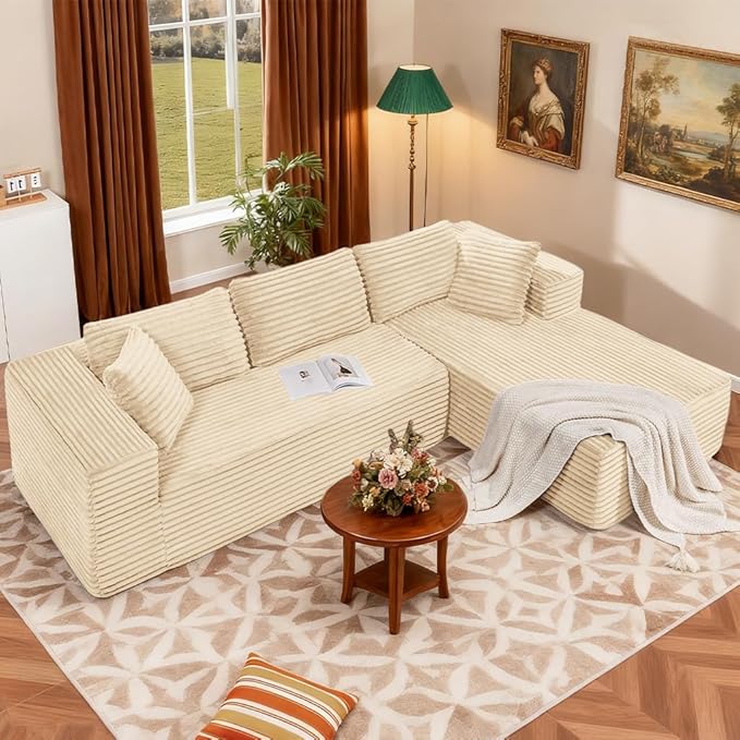 COMHOMA 105”Modular Sectional Sofa with Deep SeatCloud Upholstered L-Shape Couch Wide Arms Corduroy Fabric High-Density Foam Chaise Lounge for Living Room No Assembly Required