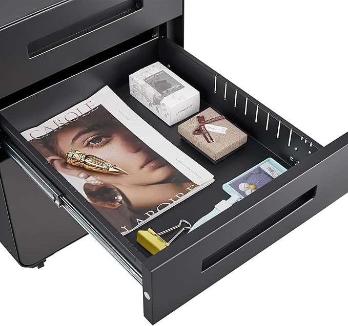 Lateral File Cabinet with Lock Metal Filing Cabinet for Home Office Metal 3 Drawer Mobile File Cabinet Under Desk Office for Legal/Letter A4 Size 5 Wheel Design Black B