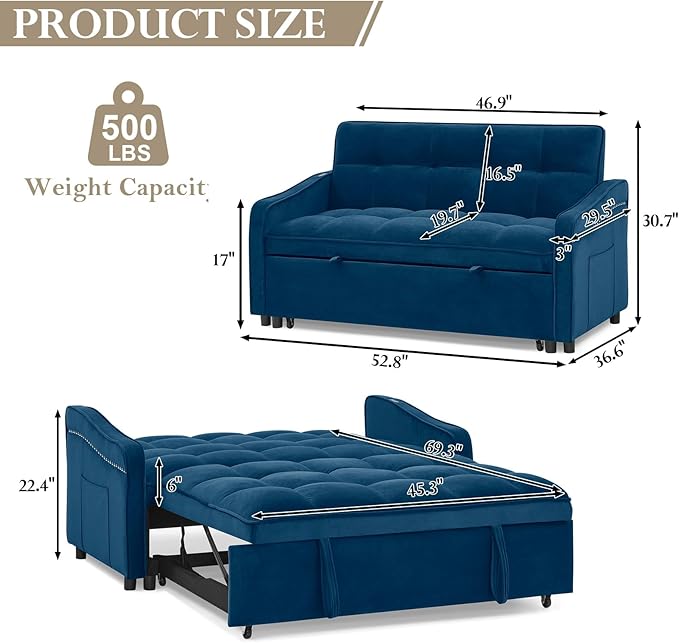 Sleeper Sofa Couch with Type C USB Port 3 in 1 Modern Comfy Velvet Convertible Loveseat Sofa w/Pull Out Bed Curved Armrest for Small Space Livingroom Apartment Office Blue