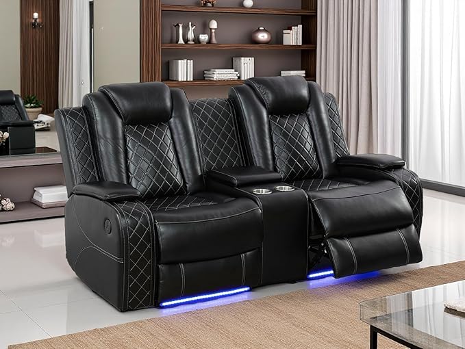 Power Reclining Loveseat Set Living Room Furniture Sets Black Breathing Leather Power Recliner Sofa Lovseat with 2 Recliner Seats/LED Light/Cup Holders/Storage Console for Living Room/Rv Car